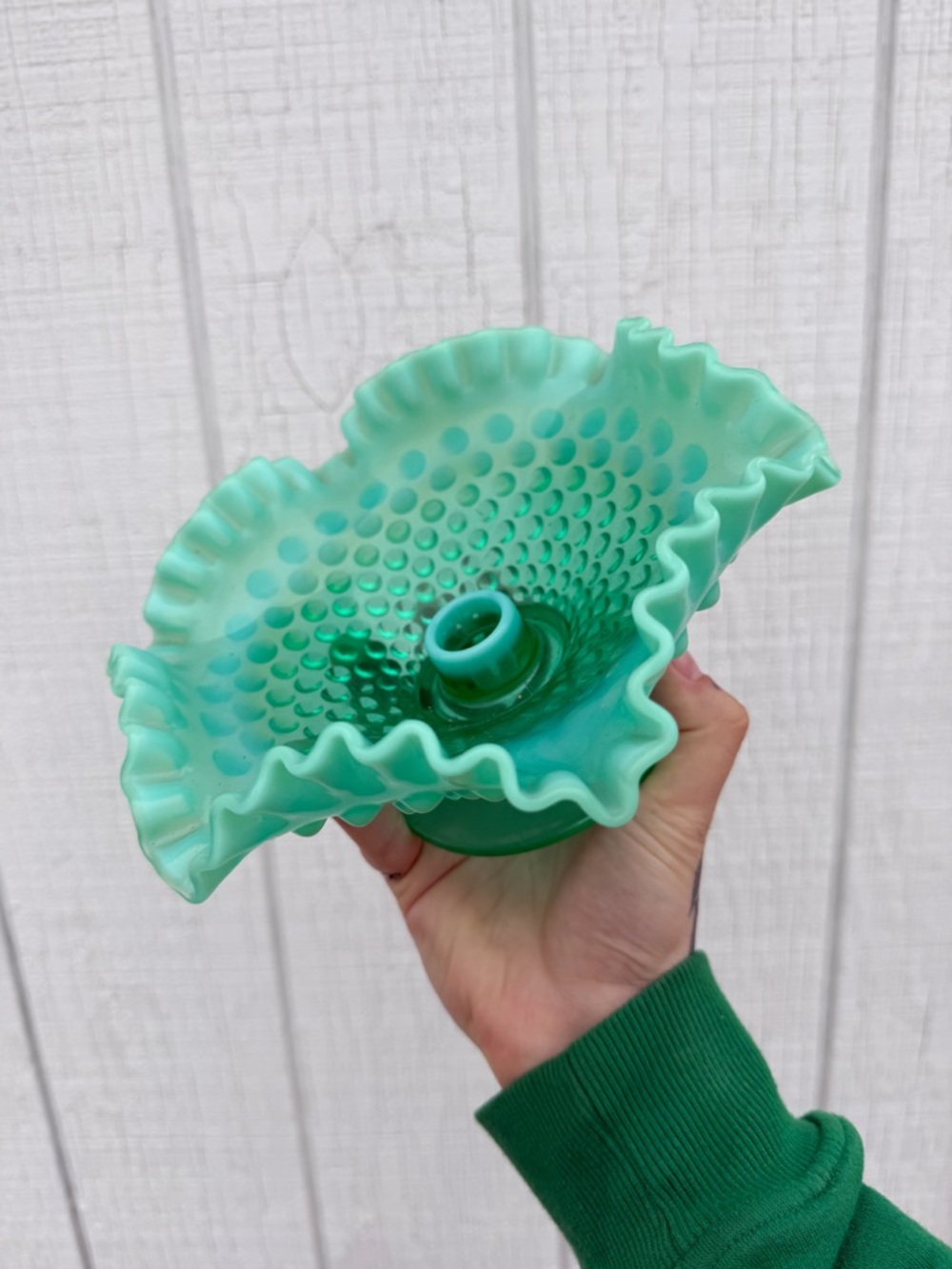 RARE!! FENTON HOBNAIL
EMERALD GREEN ART GLASS CANDLE STICK HOLDER BOWL